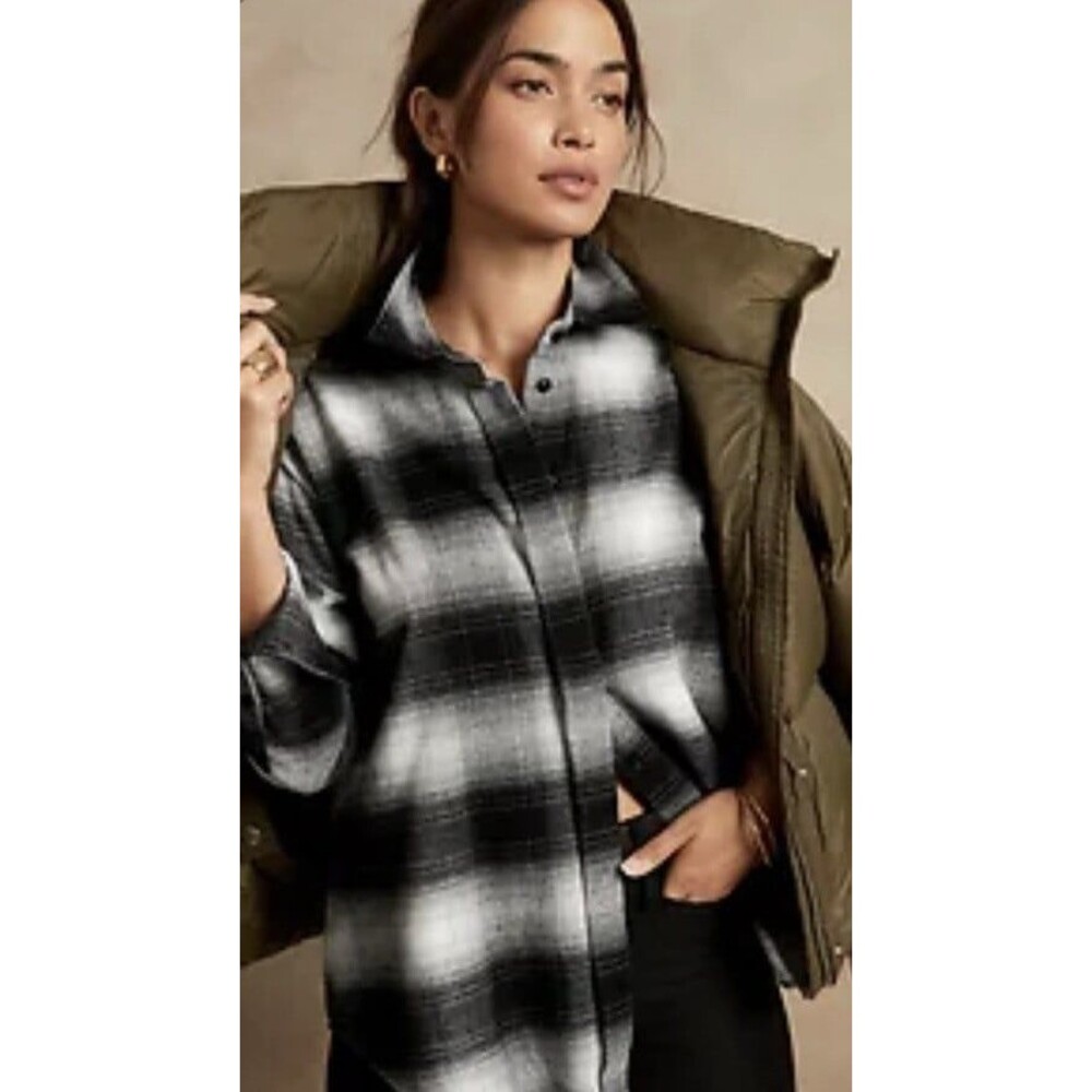 Banana Republic Plaid Flannel Organic Cotton Shirt Shacket Granola Cottagecore L
